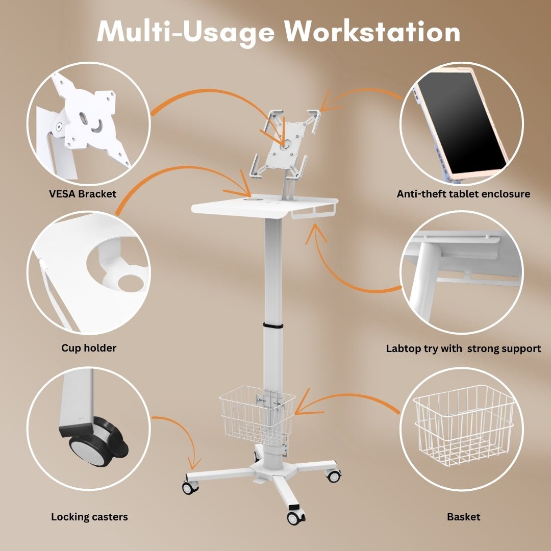 Technomounts Medical Tablet Trolley with Laptop Holder, Monitor Mount, Adjustable Height, Shelf, Basket, Locking Wheels – Ideal for Clinics, Offices, Podium Use & Lectures