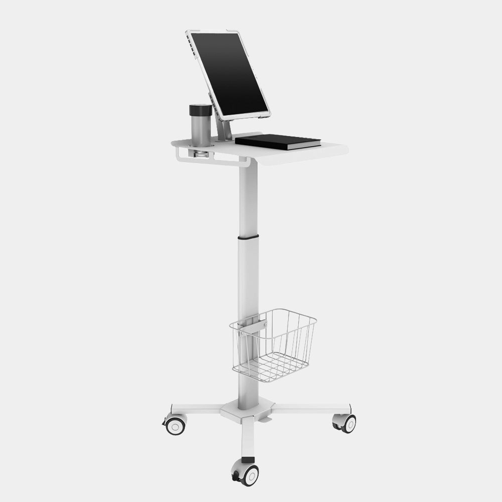 Technomounts Medical Tablet Trolley with Laptop Holder, Monitor Mount, Adjustable Height, Shelf, Basket, Locking Wheels – Ideal for Clinics, Offices, Podium Use & Lectures