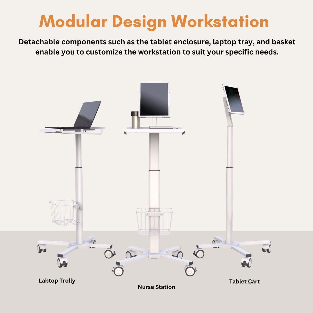 Technomounts Medical Tablet Trolley with Laptop Holder, Monitor Mount, Adjustable Height, Shelf, Basket, Locking Wheels – Ideal for Clinics, Offices, Podium Use & Lectures
