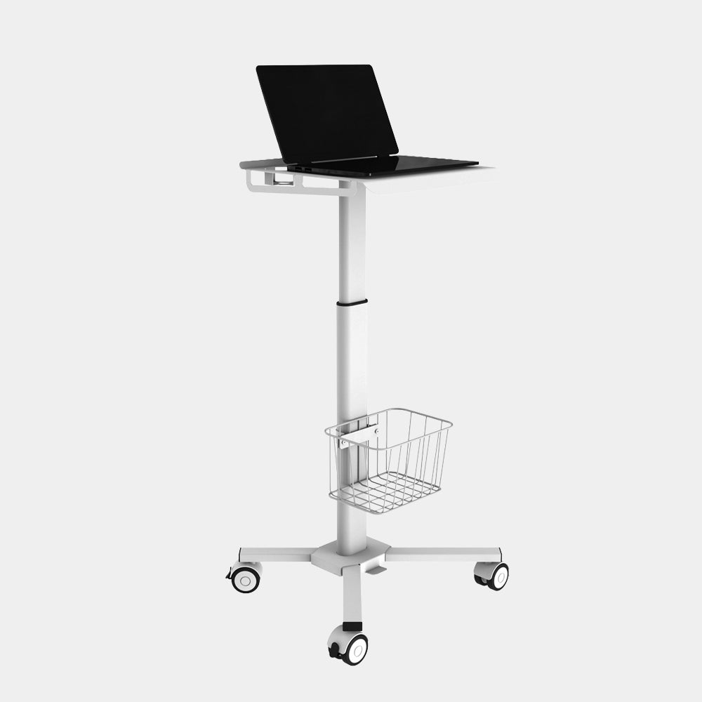 Technomounts Medical Tablet Trolley with Laptop Holder, Monitor Mount, Adjustable Height, Shelf, Basket, Locking Wheels – Ideal for Clinics, Offices, Podium Use & Lectures
