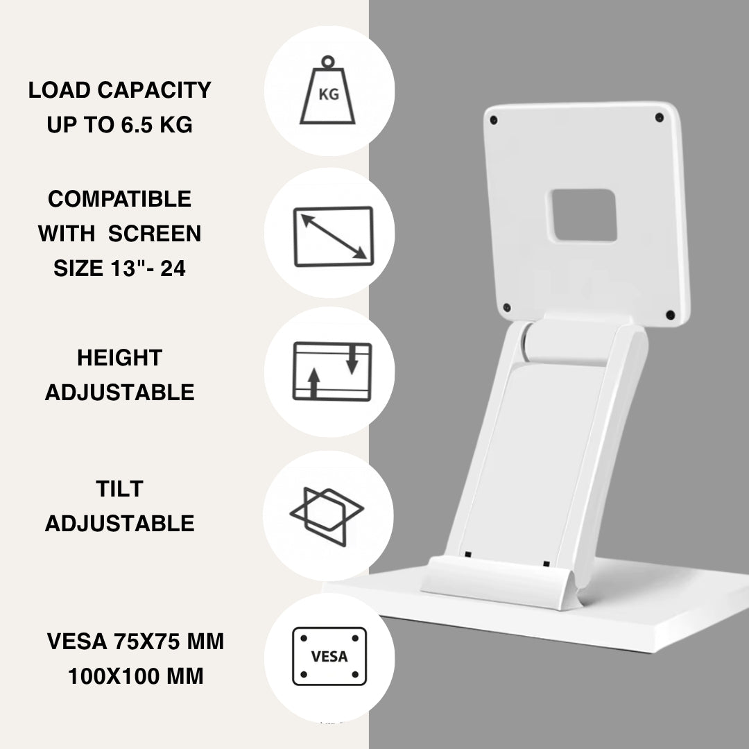 Technomounts Adjustable Folding Lift Mount for Touch Screen Monitors – Cold Rolled Steel Base Bracket with 30cm Lift, VESA 75x75 / 100x100 – Max Load 6.5kg