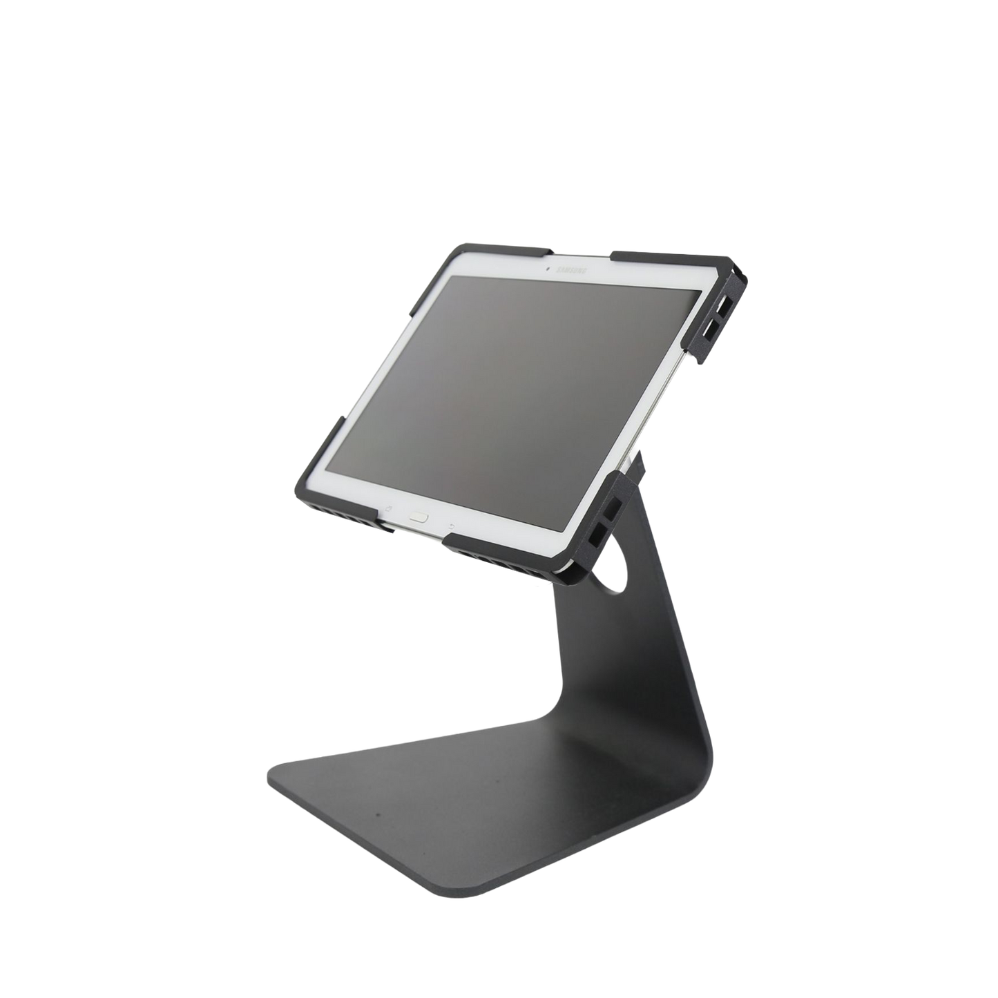 Tablet kiosk stand with 90-degree tilt adjustment and portrait mode support