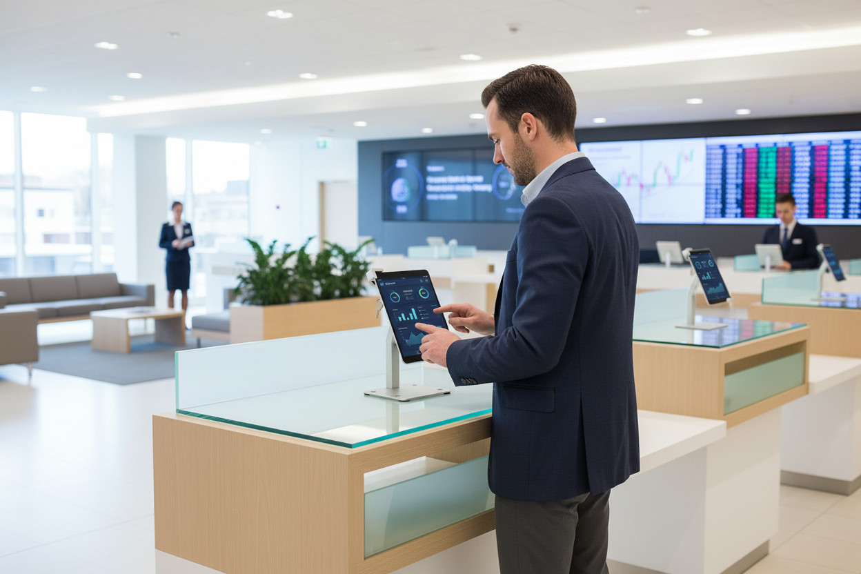 Banking branch tablet stand - secure kiosk mount for customer service counters and financial institution reception