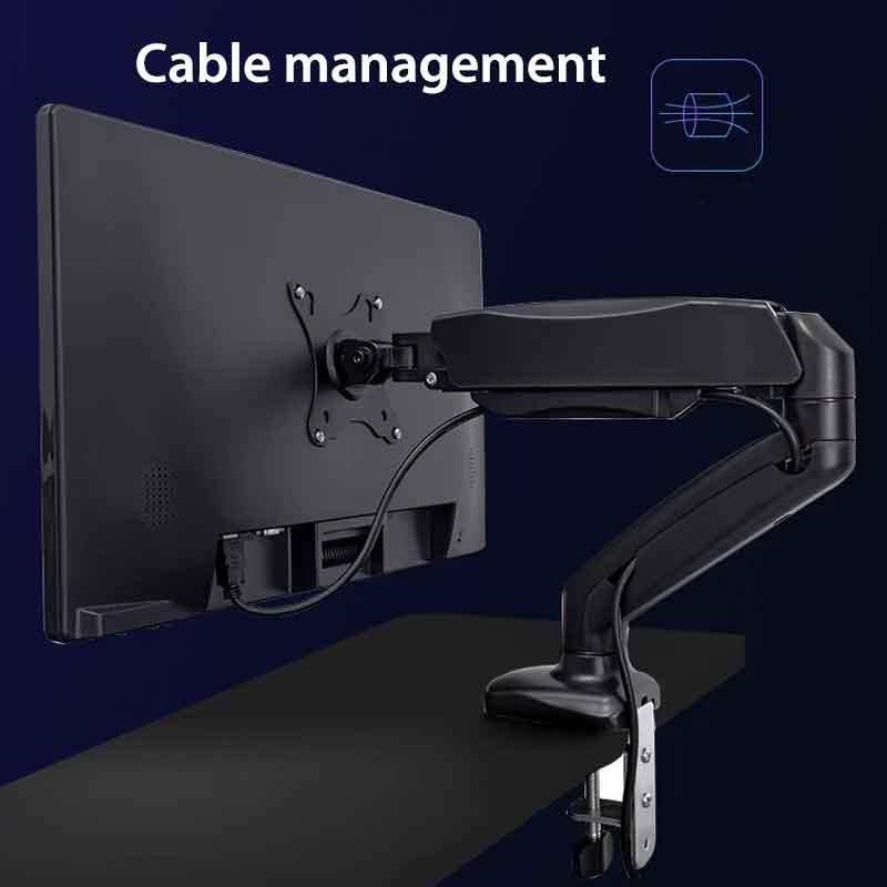 Technomount Gas Spring Monitor Arm – Single Screen Mount for 13–27" Displays, 2–6kg Load, VESA 75x75/100x100, Height Adjustable, Tilt & Swivel, Clamp/Grommet, Aluminum Desk Mount