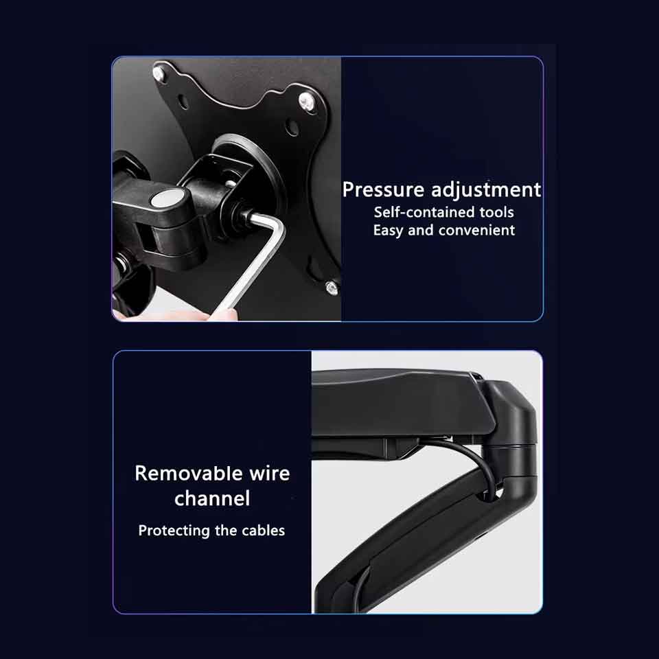 Technomount Gas Spring Monitor Arm – Single Screen Mount for 13–27" Displays, 2–6kg Load, VESA 75x75/100x100, Height Adjustable, Tilt & Swivel, Clamp/Grommet, Aluminum Desk Mount