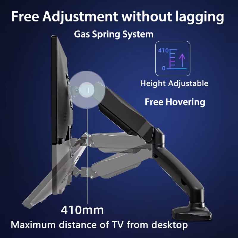 Technomount Gas Spring Monitor Arm – Single Screen Mount for 13–27" Displays, 2–6kg Load, VESA 75x75/100x100, Height Adjustable, Tilt & Swivel, Clamp/Grommet, Aluminum Desk Mount