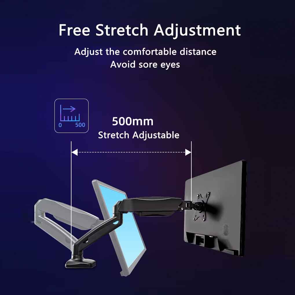 Technomount Gas Spring Monitor Arm – Single Screen Mount for 13–27" Displays, 2–6kg Load, VESA 75x75/100x100, Height Adjustable, Tilt & Swivel, Clamp/Grommet, Aluminum Desk Mount