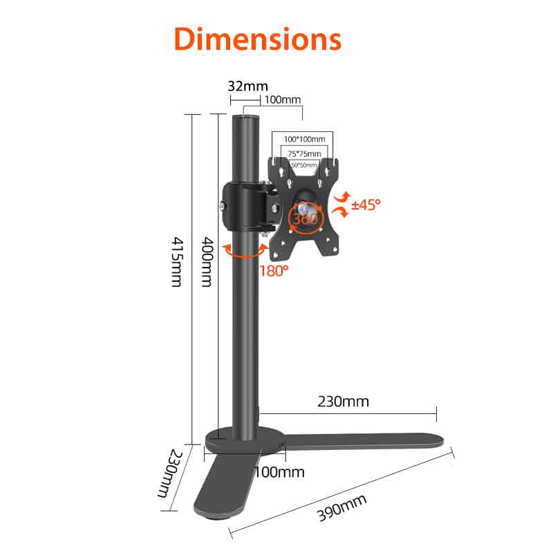 TechnoMounts PC Monitor Desk Mount Stand – Adjustable Desktop Holder for LCD Computer Screens with Tilt, Swivel & Rotation – VESA Compatible