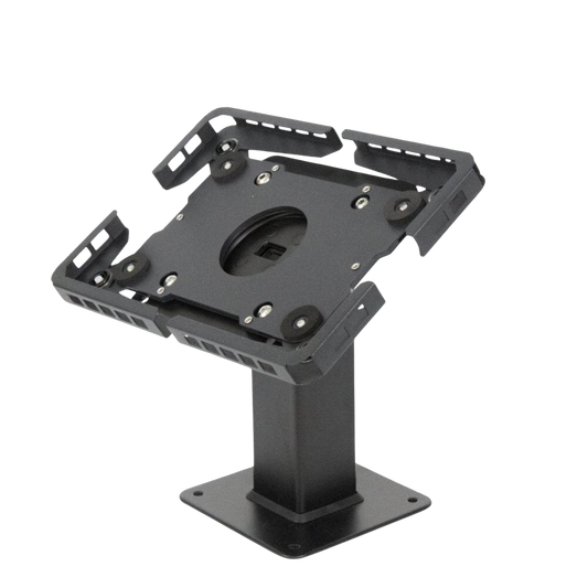 Black adjustable tablet stand on a white background