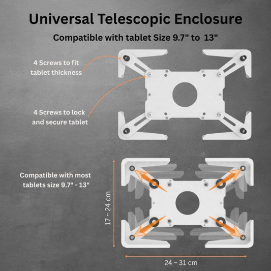 Adjustable telescopic enclosure compatible with 9.7 to 13-inch tablets
