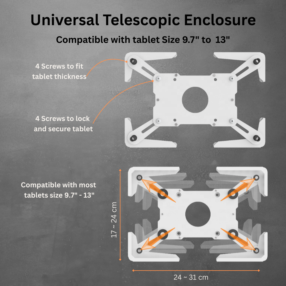Technomounts Universal Rotating Tablet Stand – Adjustable 7″–13″ Enclosure, VESA 75×75 / 100×100 Compatible, Cable Management, Metal POS & Kiosk Mount