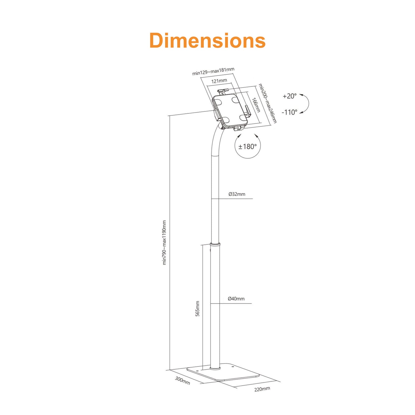 Adjustable Height Anti-theft Floor Stand for Tablets with Universal Enclosure for Tablets Size from 7.9" to 11"
