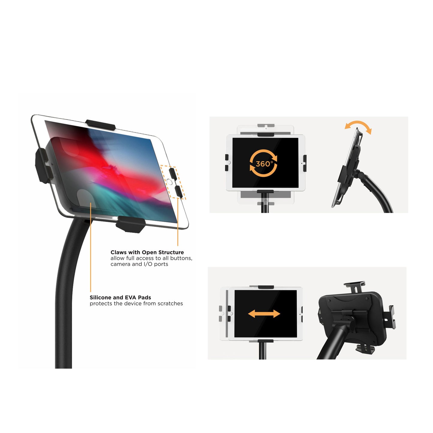 Adjustable Height Anti-theft Floor Stand for Tablets with Universal Enclosure for Tablets Size from 7.9" to 11"