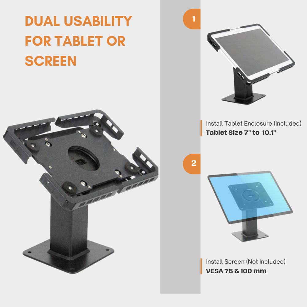 Technomounts Universal Rotating Tablet Stand – Adjustable 7″–13″ Enclosure, VESA 75×75 / 100×100 Compatible, Cable Management, Metal POS & Kiosk Mount
