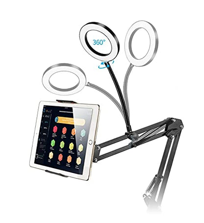 TechnoMounts Flexible Tablet Stand 360 Degree 9 CM LED Ring Light Mobile Holder Adjustable Height Rotation Bracket 4" -10.5"