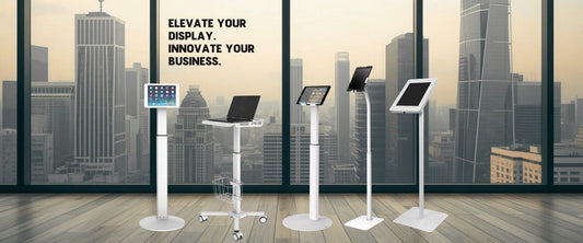 Anti-theft tablet floor stand with secure enclosure for retail and commercial use in Dubai UAE - TechnoMounts premium display hardware