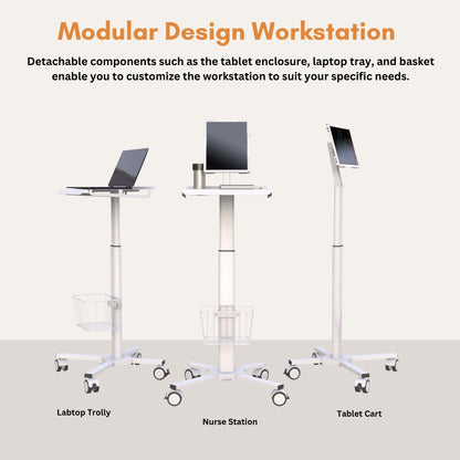 Technomounts Medical Tablet Trolley with Laptop Holder, Monitor Mount, Adjustable Height, Shelf, Basket, Locking Wheels – Ideal for Clinics, Offices, Podium Use &amp; Lectures