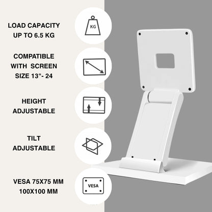 Technomounts Adjustable Folding Lift Mount for Touch Screen Monitors – Cold Rolled Steel Base Bracket with 30cm Lift, VESA 75x75 / 100x100 – Max Load 6.5kg