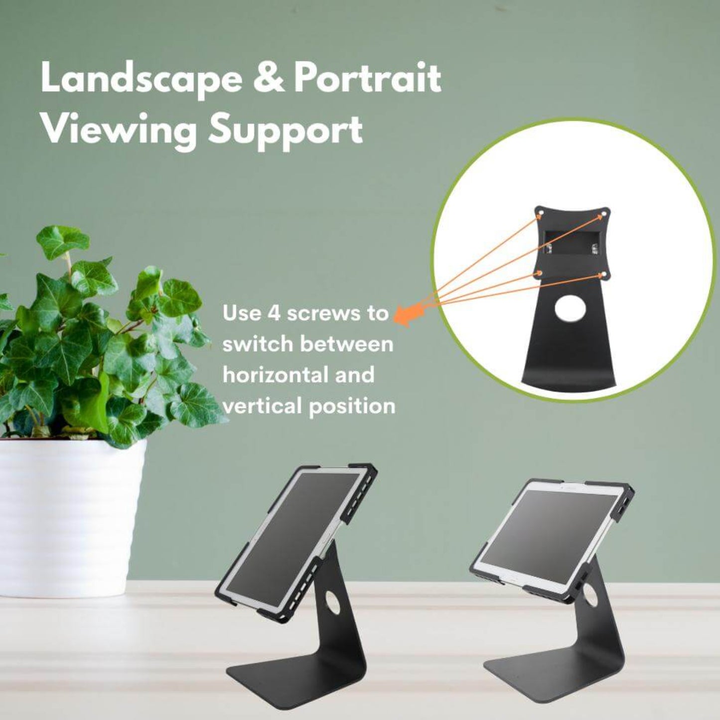 Adjustable tablet stand supporting both landscape and portrait viewing angles