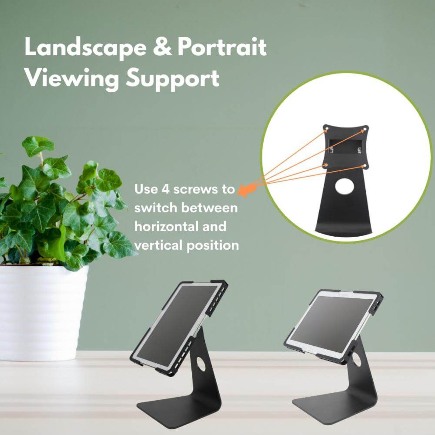 Adjustable tablet stand supporting both landscape and portrait viewing angles