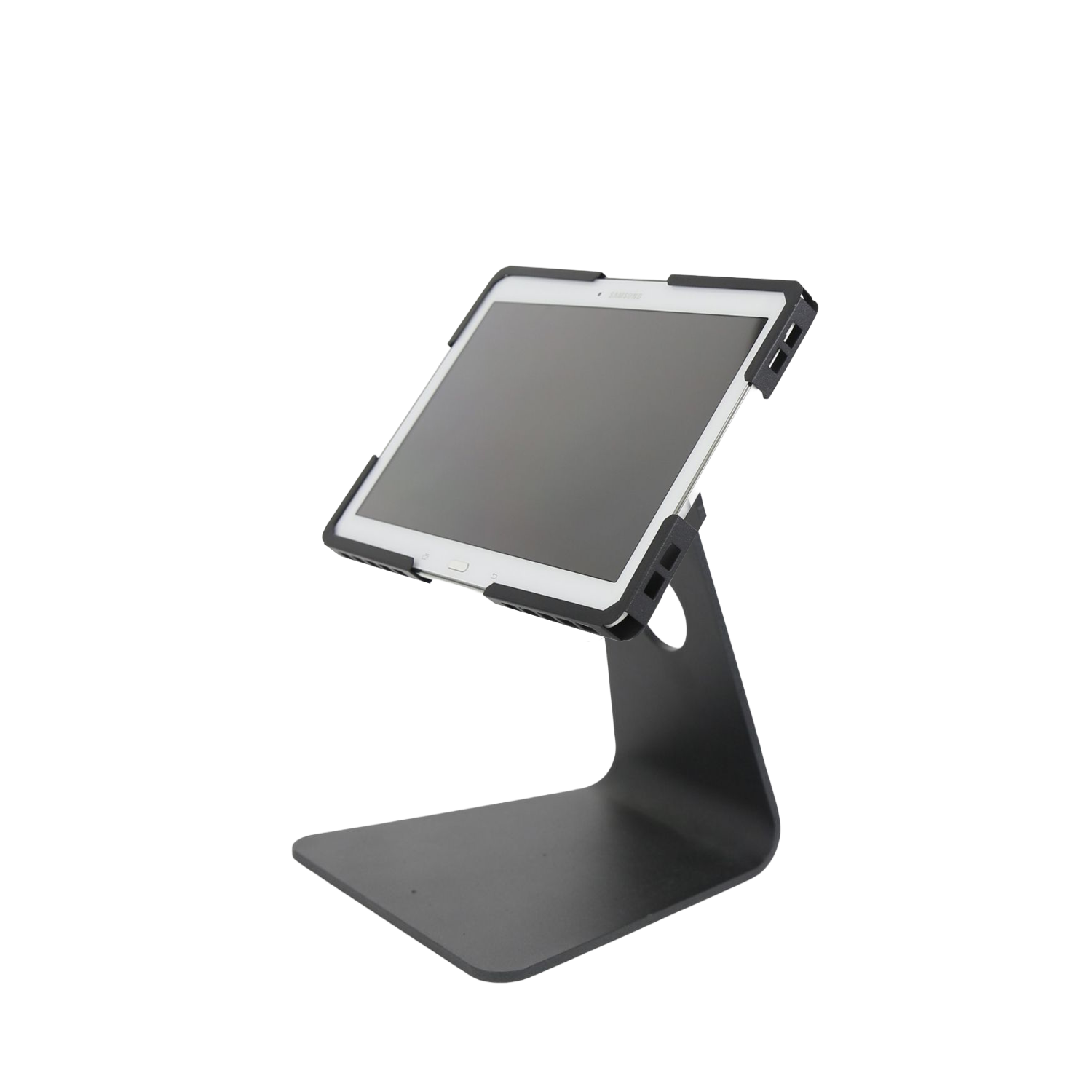 Tablet kiosk stand with 90-degree tilt adjustment and portrait mode support