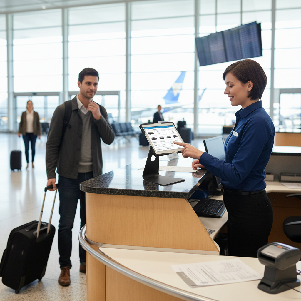 Car rental booking system tablet kiosk for vehicle hire and reservations