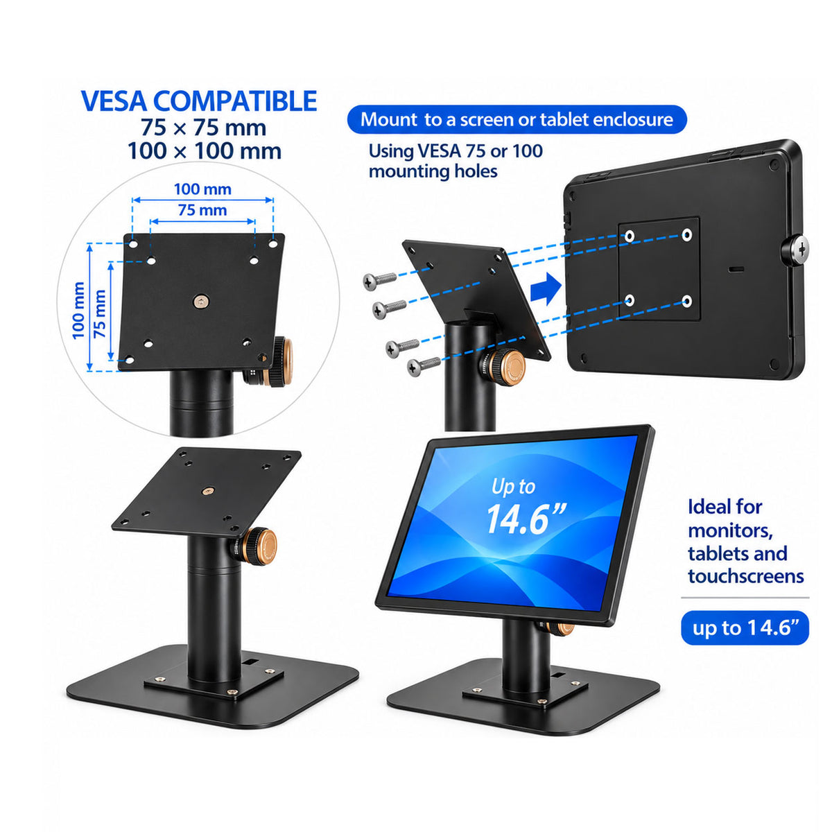 Heavy-Duty Metal VESA 75/100 Desktop Stand for Screens & Tablet Enclosures up to 15" With Detachable Base