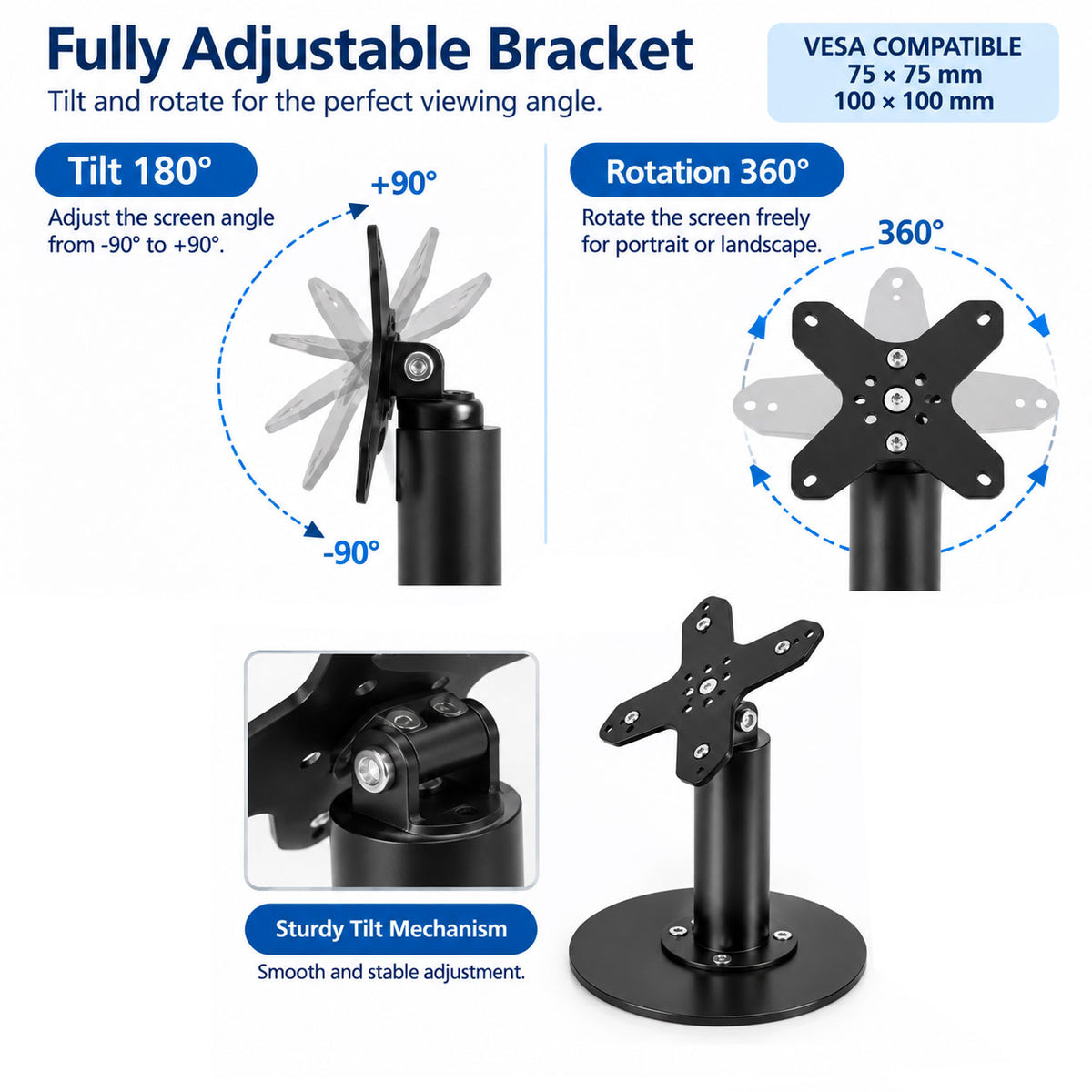 Heavy-Duty Metal VESA 75/100 Desktop Stand for Screens & Tablet Enclosures up to 15" With Detachable Base