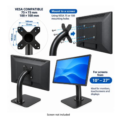 Heavy-Duty Metal VESA 75/100 Desk Stand  For Screens & Tablet Enclosures with Detachable Base