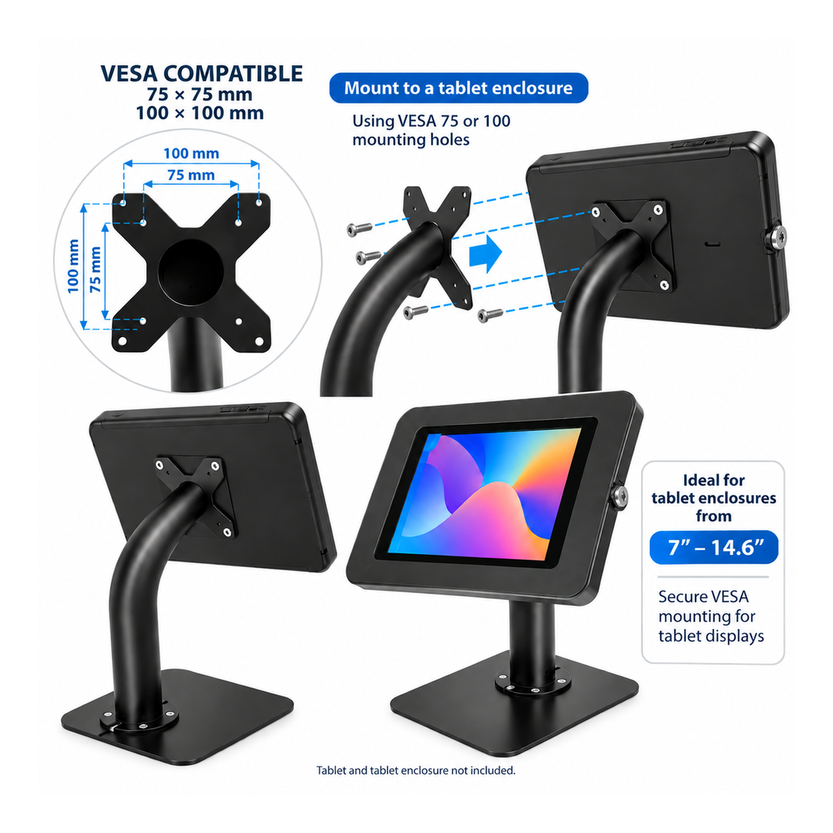Heavy-Duty Metal VESA 75/100 Desk Stand  For Screens & Tablet Enclosures with Detachable Base