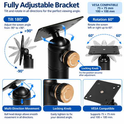 Heavy-Duty Metal VESA 75/100 Desktop Stand for Screens & Tablet Enclosures up to 15" With Detachable Base
