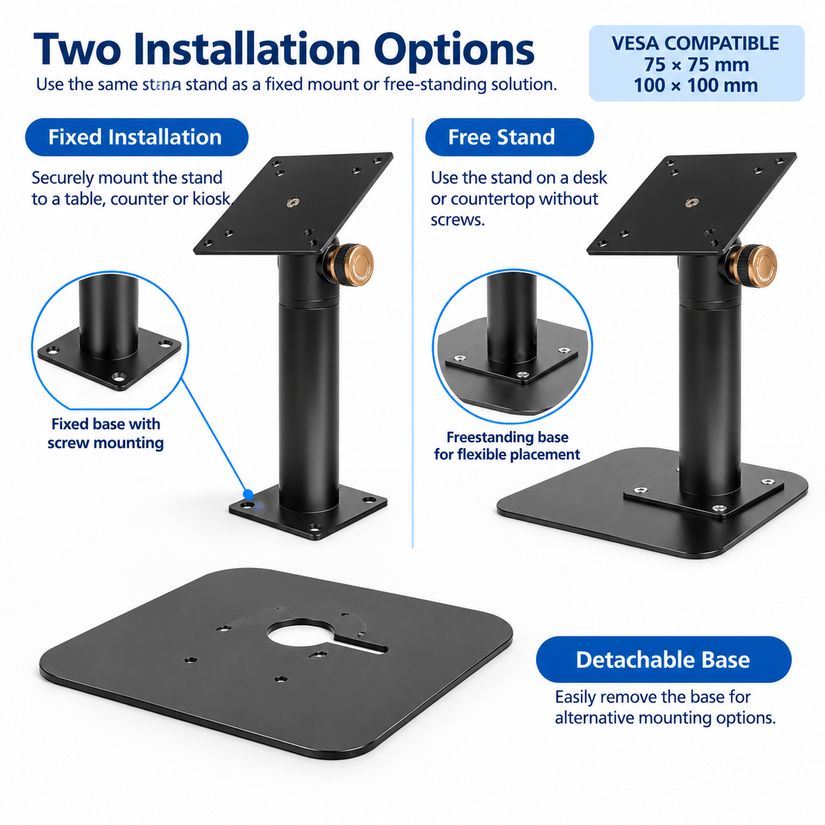Heavy-Duty Metal VESA 75/100 Desktop Stand for Screens & Tablet Enclosures up to 15" With Detachable Base
