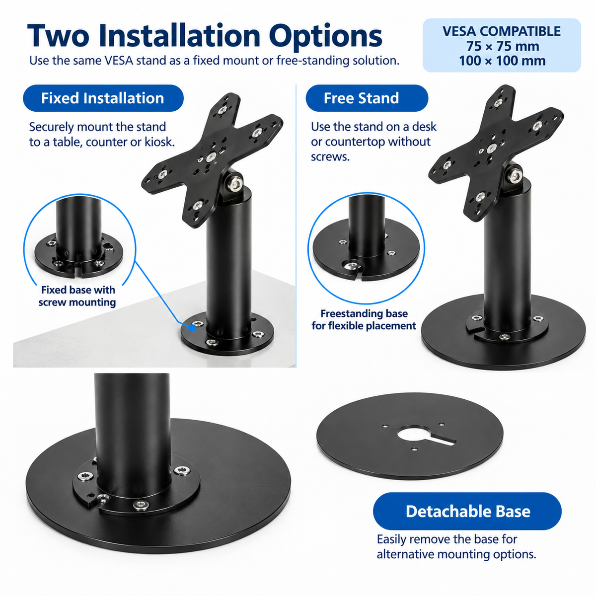 Heavy-Duty Metal VESA 75/100 Desktop Stand for Screens & Tablet Enclosures up to 15" With Detachable Base