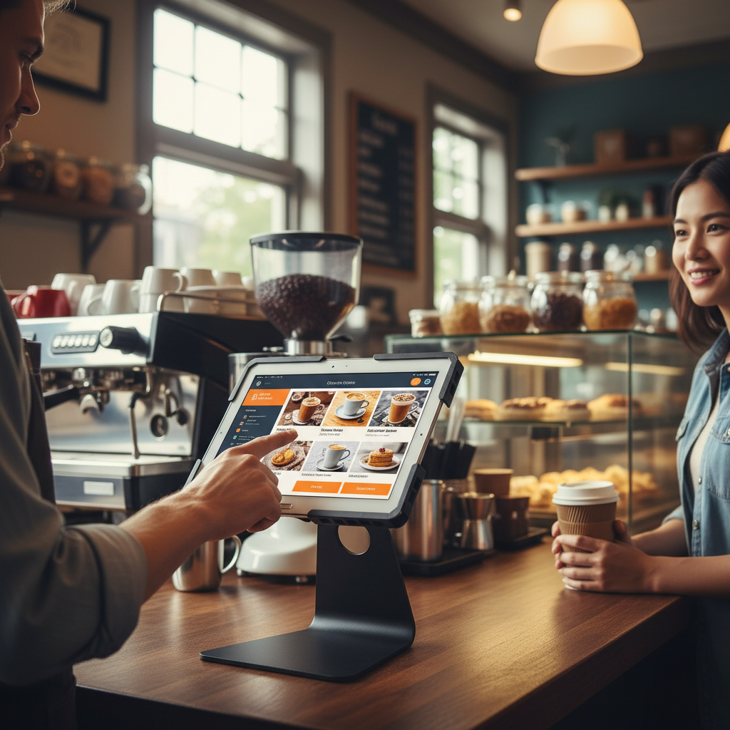 Coffee shop ordering system with tablet POS stand for cafes and restaurants
