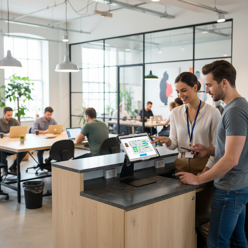 Coworking space check-in tablet stand for office reception and visitor management
