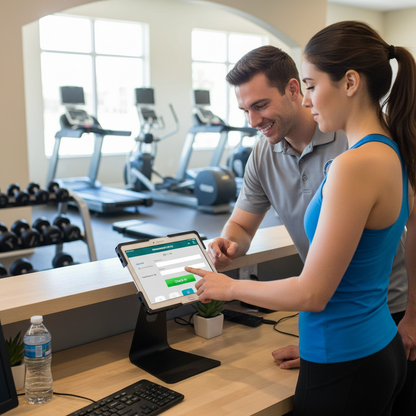 Gym membership check-in tablet stand for fitness centers and sports facilities