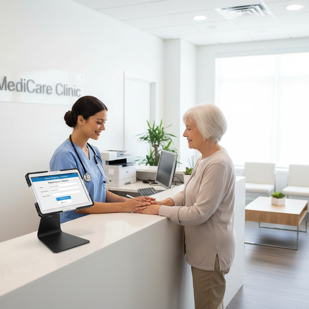 Medical clinic check-in tablet kiosk for patient registration and healthcare