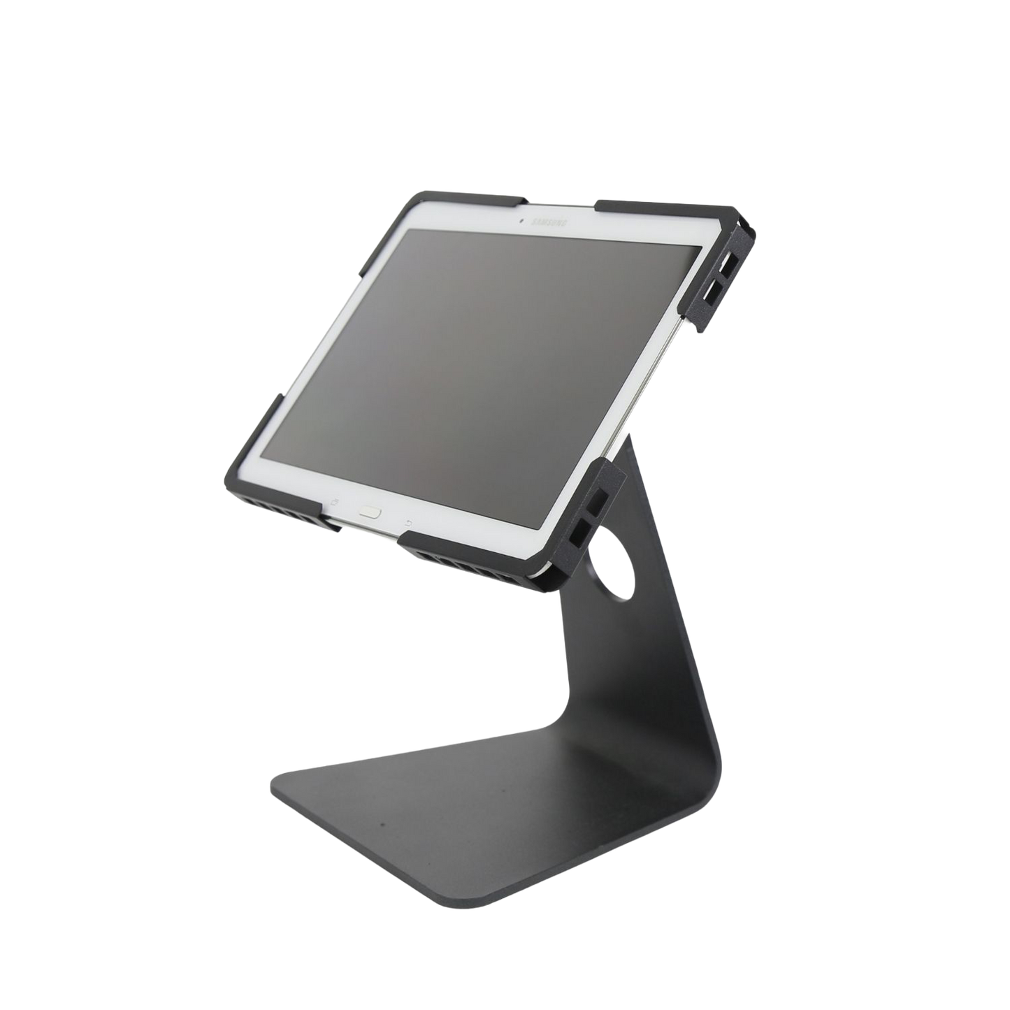 Professional tablet desktop mount with anti-theft enclosure for business environments