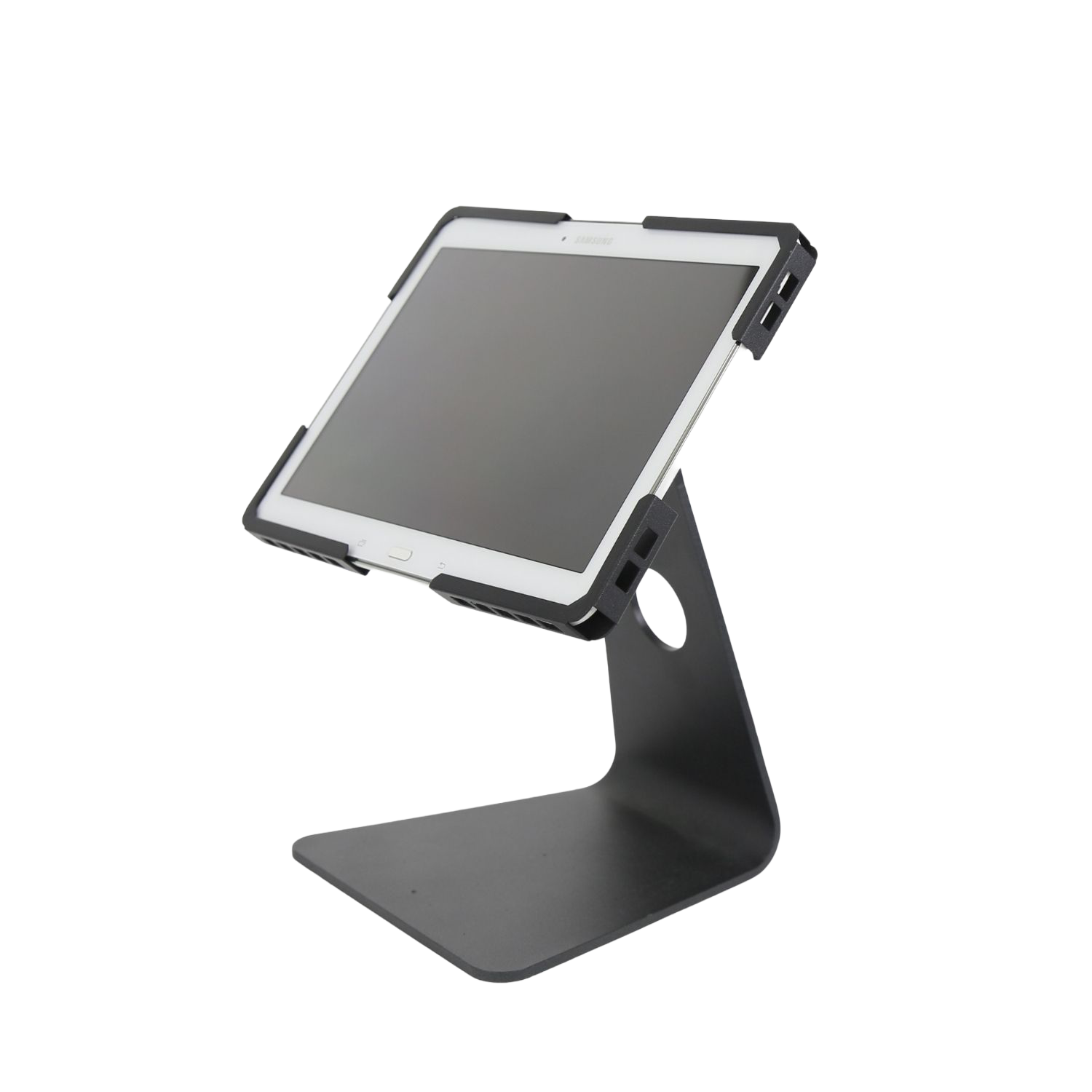 Professional tablet desktop mount with anti-theft enclosure for business environments