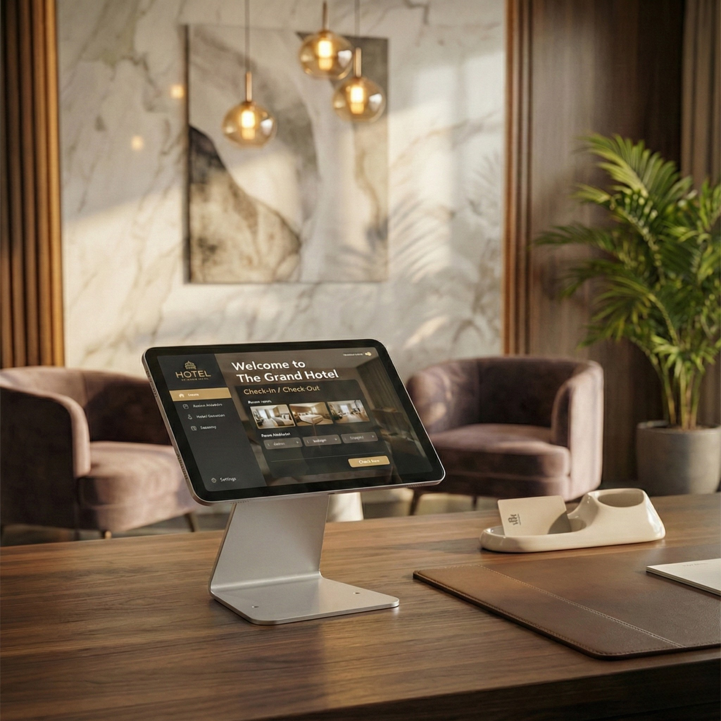 Tablet displaying a hotel interface on a stand in a stylish room with chairs and decor.