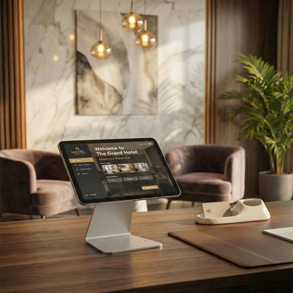 Tablet displaying a hotel interface on a stand in a stylish room with chairs and decor.