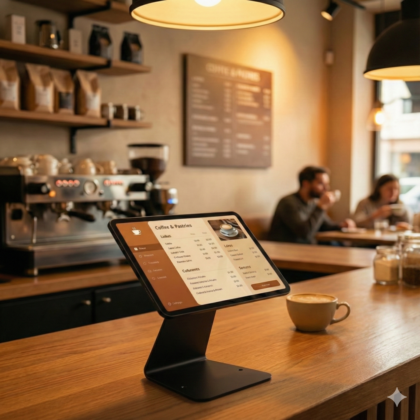 Touchscreen display on a counter in a coffee shop with customers in the background