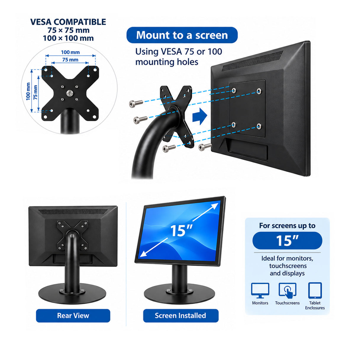 Heavy-Duty Metal VESA 75/100 Desktop Stand for Screens & Tablet Enclosures up to 15" With Detachable Base