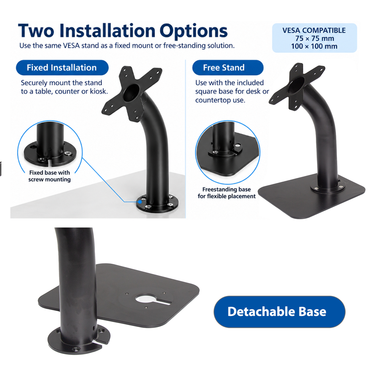 Heavy-Duty Metal VESA 75/100 Desk Stand  For Screens & Tablet Enclosures with Detachable Base