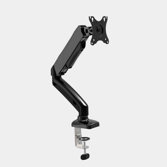 Technomount Gas Spring Monitor Arm – Single Screen Mount for 13–27" Displays, 2–6kg Load, VESA 75x75/100x100, Height Adjustable, Tilt & Swivel, Clamp/Grommet, Aluminum Desk Mount