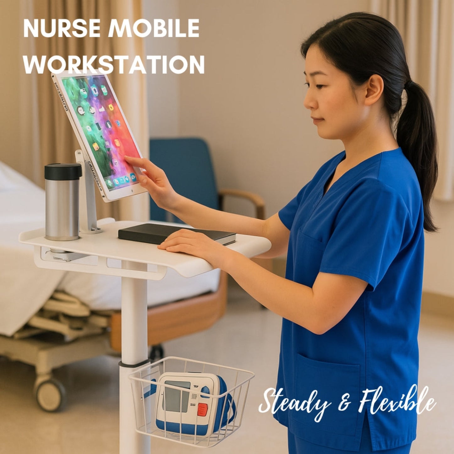 Adjustable medical workstation trolley with monitor mount and storage shelf
