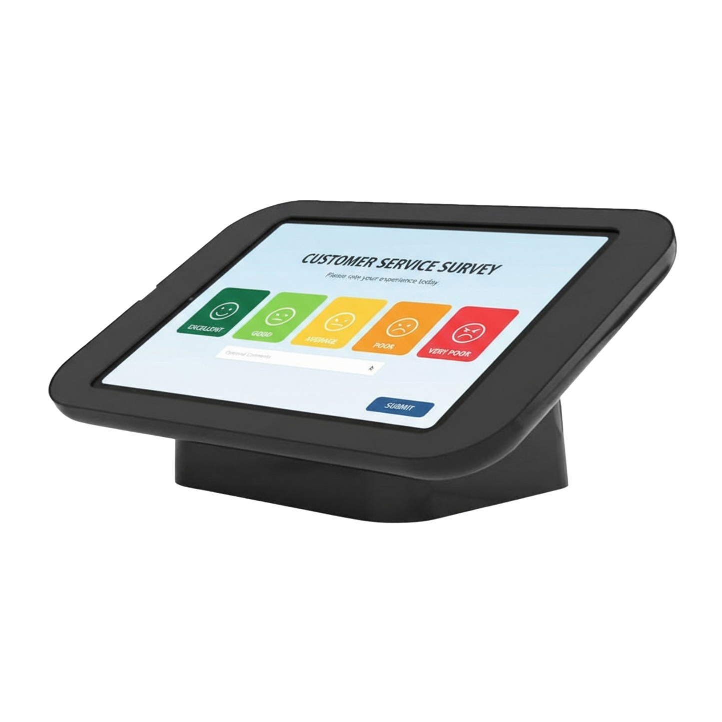 Tablet with a customer service survey on the screen, placed on a stand against a white background