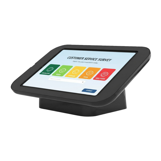 Tablet with a customer service survey on the screen, placed on a stand against a white background