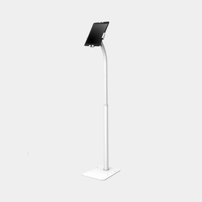 TechnoMounts anti-theft tablet floor stand with adjustable height pole in white and black finish - front view showing secure enclosure for 7.9-11 inch tablets UAE