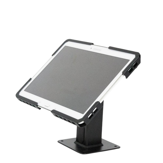 Black tablet stand holding a tablet on a white background